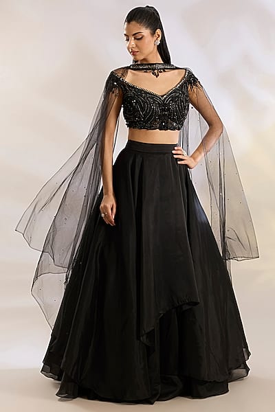 Black Organza & Net Sequins Embellished Lehenga Set by Chaashni by Maansi and Ketan