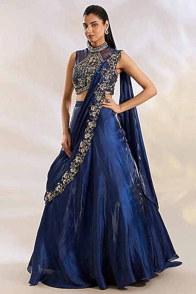 Blue Organza & Net Pearl Embellished Drape Lehenga Set by Chaashni by Maansi and Ketan