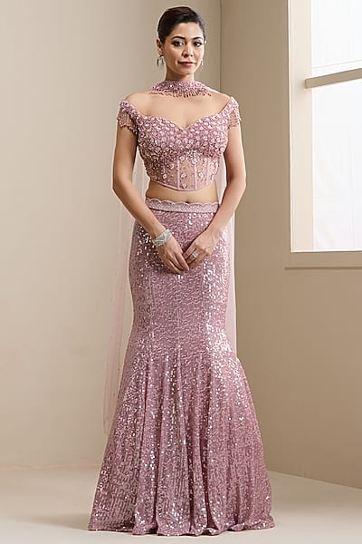 Pink Net & Sequins Embellished Fabric Lehenga Set by Chaashni by Maansi and Ketan