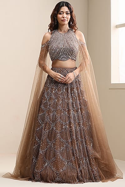 Brown Net Lehenga Set by Chaashni by Maansi and Ketan