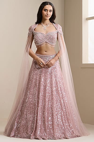 Pink Net & Sequinned Embellished Fabric Lehenga Set by Chaashni by Maansi and Ketan