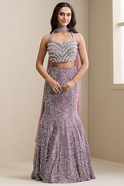 Mauve Net & Embellished Fabric Lehenga Set by Chaashni by Maansi and Ketan