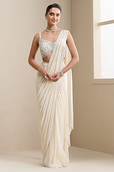 Ivory Georgette & Net Pre-Stitched Saree Set by Chaashni by Maansi and Ketan