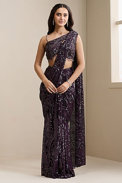 Purple Net Sequins Embellished Pre-Stitched Saree Set by Chaashni by Maansi and Ketan