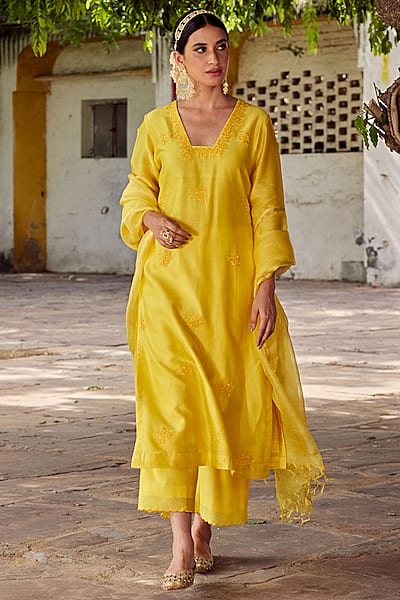 Mustard Yellow Chanderi Silk Embroidered Kurta Set by Charu Makkar