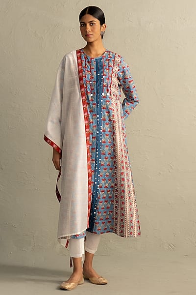 Blue Cotton Handblock Printed & Sequin Work Kurta Set by Charkhee