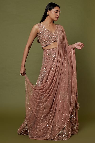 Dusty Rose Pink Embroidered Lehenga Set by Charu & Vasundhara