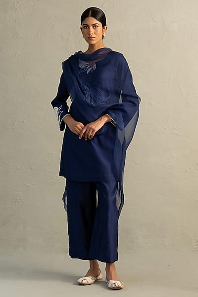 Sapphire Blue Chanderi Floral Patchwork Kurta Set by Charkhee