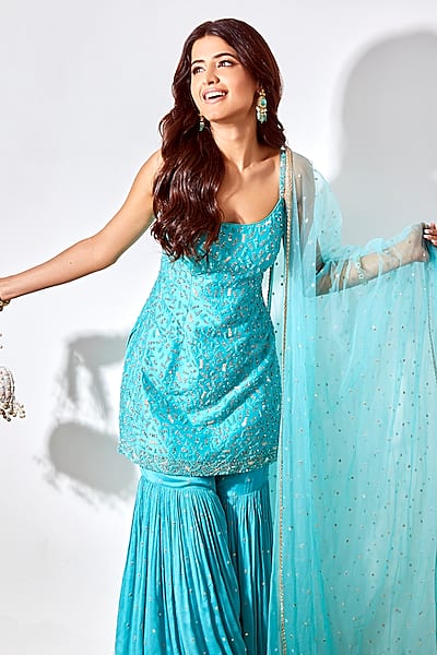 Turquoise Hand Embroidered Kurta Set by Chamee and Palak