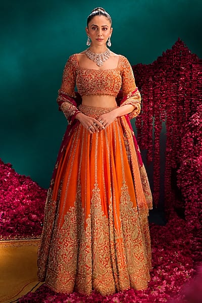 Orange Pure Raw Silk Zardosi Hand Embroidered Bridal Lehenga Set by Sheetal Batra