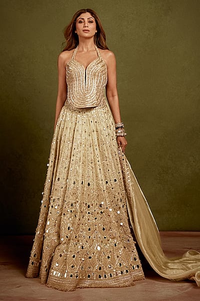 Gold Pure Tissue Mirror Embellished Bridal Lehenga Set by GOPI VAID