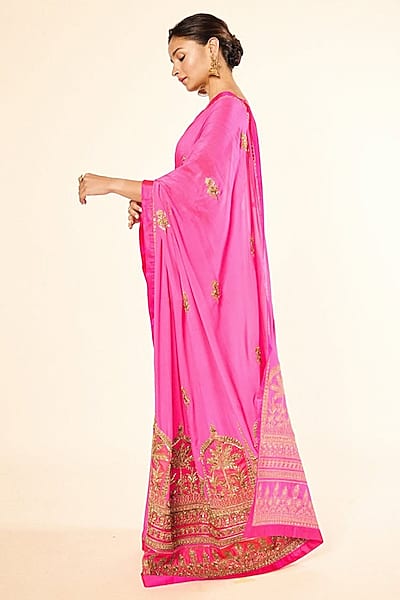 Hot Pink Pure Crepe Floral Boota Embroidered Saree Set by Masaba
