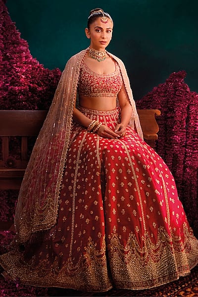 Hot Pink Pure Raw Silk Zardosi Hand Embroidered Bridal Lehenga Set by Sheetal Batra
