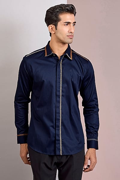 Navy Cotton Satin Shirt by Countrymade