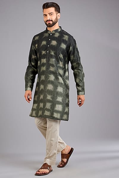 Olive Green Dupion Silk Printed Kurta by Countrymade