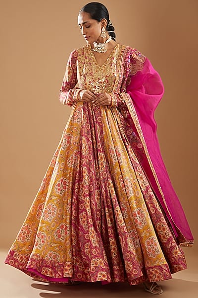 Pink Chanderi Printed & Embroidered Anarkali Set by Debyani