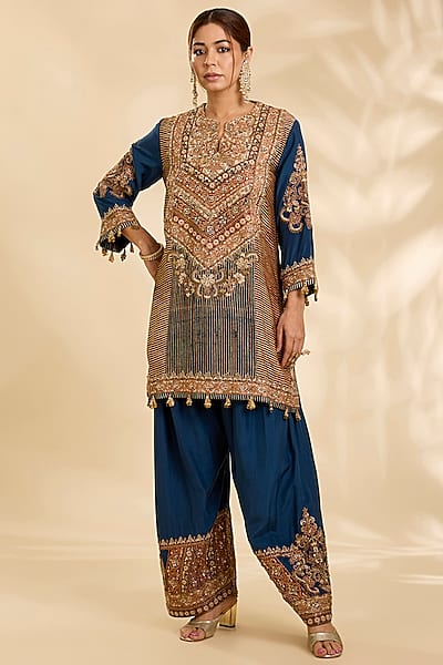 Blue Mashru Stripe Printed & Embroidered Kurta Set by Debyani