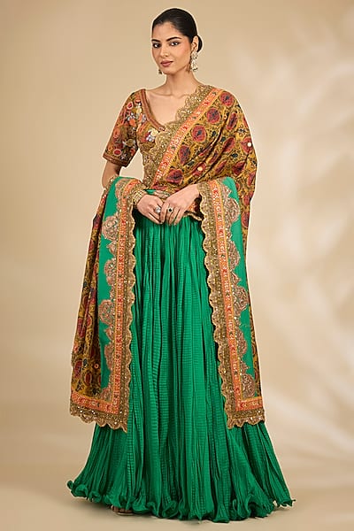 Green Chanderi Crushed Lehenga Set by Debyani