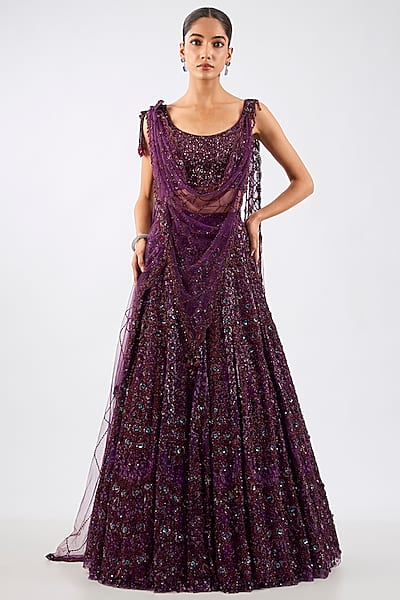 Wine Tulle Jewel Motif Embellished Draped Lehenga Set by Dolly J