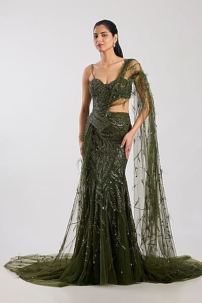 Olive Tulle Hand Embroidered Skirt Saree Set by Dolly J