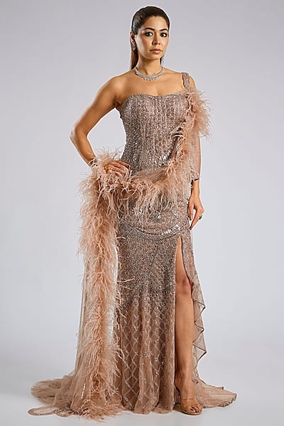 Rose Gold Tulle Net Lehenga Set by Dolly J