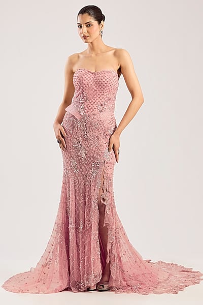Baby Pink Net Hand Embellished Gown by Dolly J