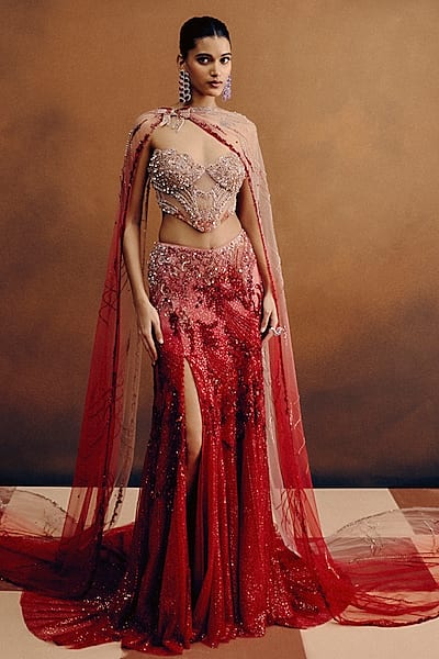 Blood Red Net Hand Embroidered Skirt Set by Dolly J