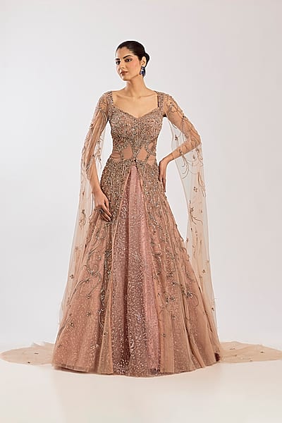 Pale Blush Net Hand Embroidered Jacket Set by Dolly J