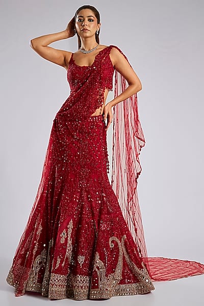 Blood Red Net Hand Embroidered Lehenga Set by Dolly J