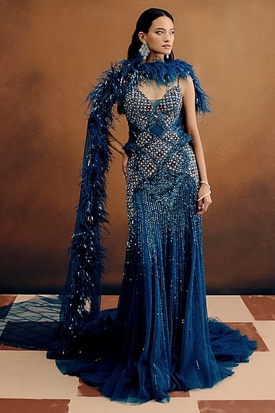 Deep Teal Tulle Crystal Hand Embroidered Gown With Drape by Dolly J