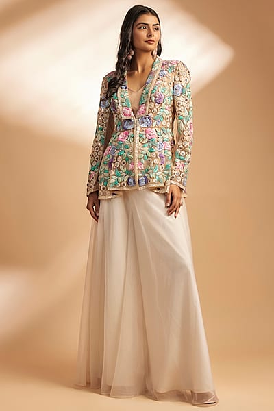 Multi-Colored Net & Organza Thread Embroidered Jacket Set by Dinesh Malkani