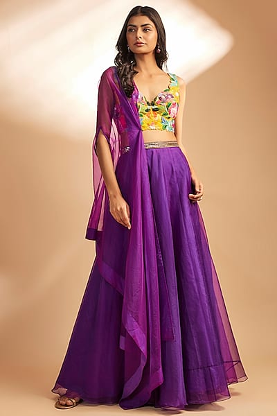 Wine Organza Flared Skirt Set by Dinesh Malkani