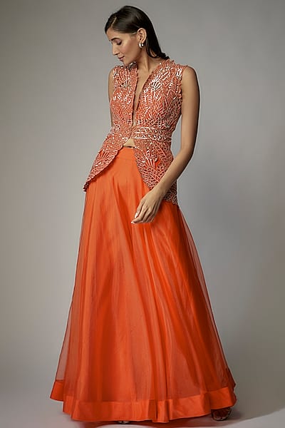 Orange Organza Sharara Set by Dinesh Malkani