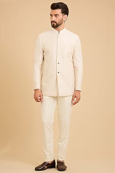 Pearl White Matka Silk Bandhgala Set by Divyam Mehta Men