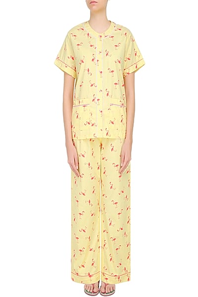 Yellow and Coral Flamingo Printed Nightsuit Set by Dandelion