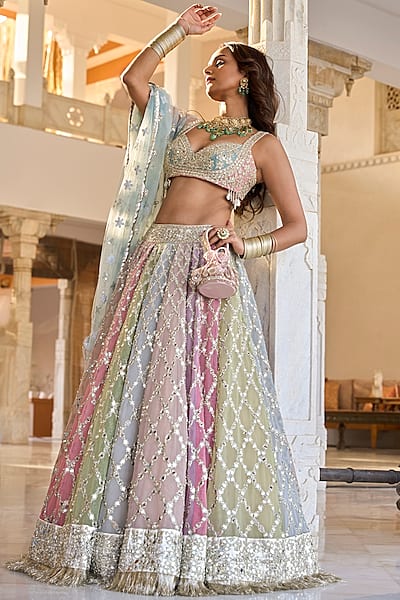 Multi-Colored Net Lehenga Set by Abhinav Mishra