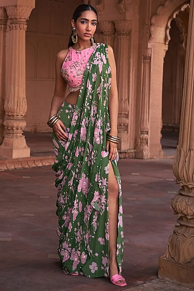 Sage Green Crepe & Georgette Floral Printed Skirt Saree Set by DiyaRajvvir
