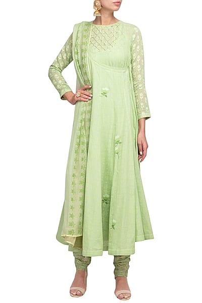 Green Embroidered Angrakha Kurta Set by Devnaagri