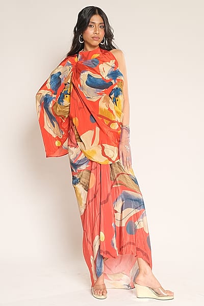 Red Viscose Crepe Halter Draped Top by Esha L Amin