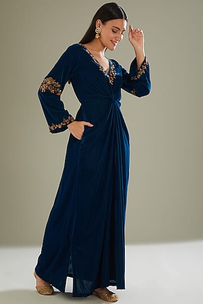Teal Blue Embroidered Kaftan Kurta by Esha Koul