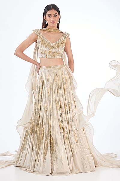 Glided Gold Georgette Bugle Beads Embroidered Lehenga Set by Gaurav Gupta