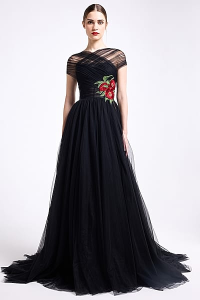 Black Tulle Thread Embroidered Halter Gown by Gauri And Nainika