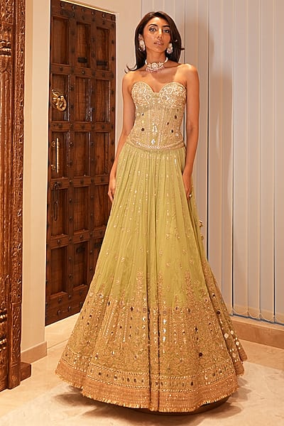 Pista Green Georgette Mirror Embellished Lehenga Set by GOPI VAID