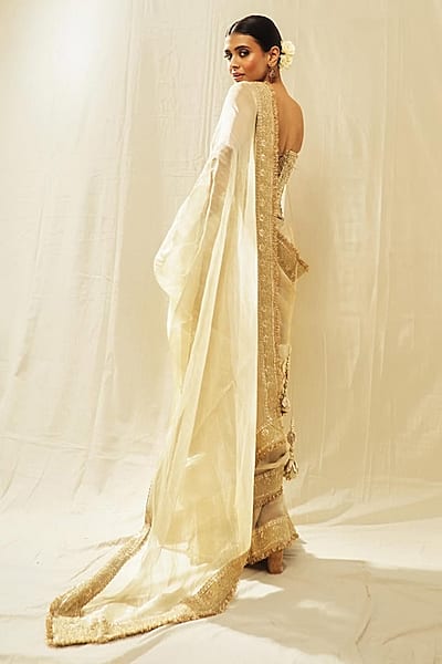 Ivory Tissue Gold Embroidered Saree Set by GOPI VAID