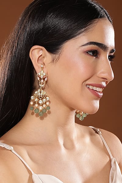 Gold Finish Kundan Polki & Onyx Stone Dangler Earrings by Heer-House Of Jewellery