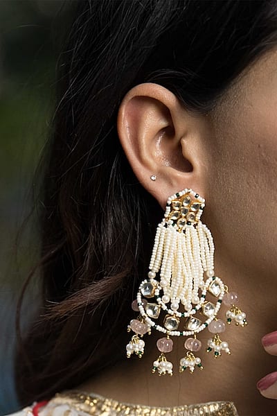 Gold Finish Kundan Polki & Onyx Stone Dangler Earrings by Heer-House Of Jewellery
