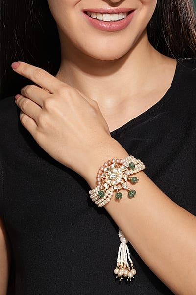 Gold Finish Kundan Polki & Pearl Meenakari Bracelet by Heer-House Of Jewellery
