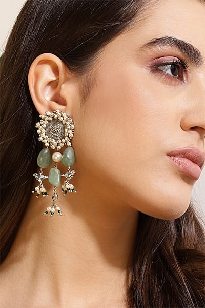 White Finish Kundan Polki & Onyx Stone Dangler Earrings by Heer-House Of Jewellery
