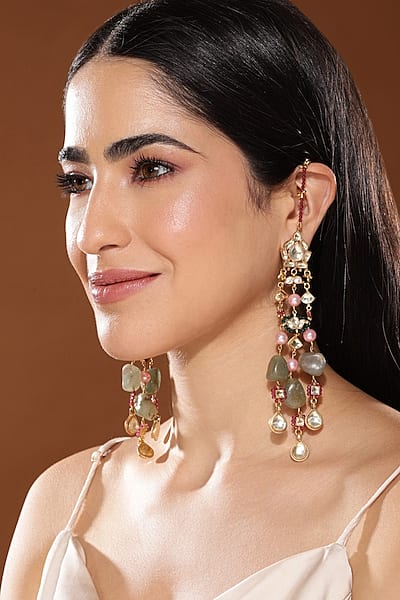Gold Finish Kundan Polki & Onyx Stone Dangler Earrings by Heer-House Of Jewellery