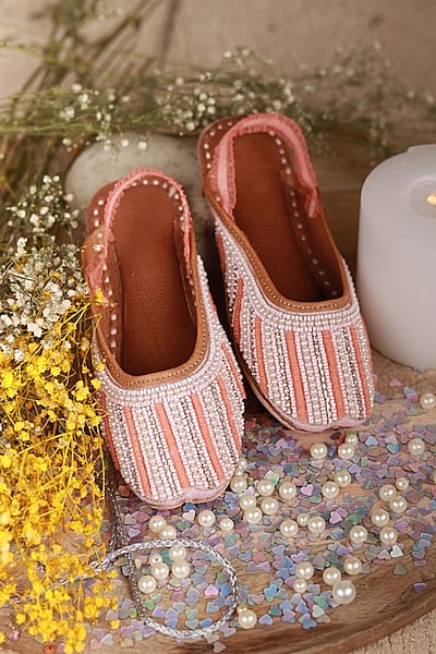 Peach Leather Pearl Embroidered Mules For Girls by Hello Jr